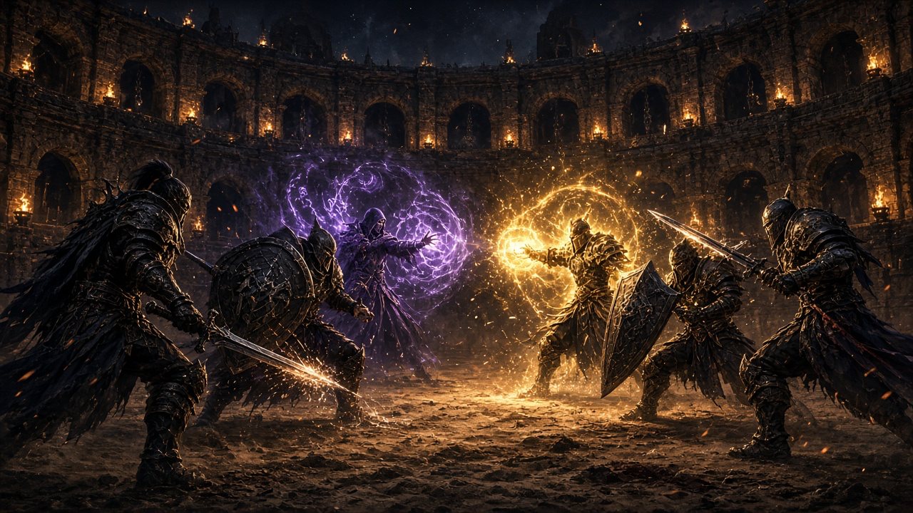 WoW Arena battle: gladiators fighting with swords and magic in a torchlit colosseum
